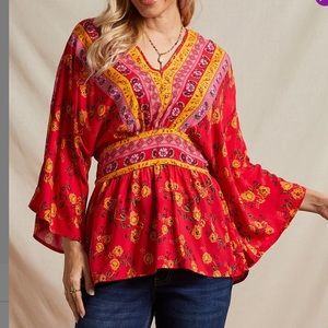 Suzanne Betro NWOT❤️Boho Red Floral dolman sleeve top